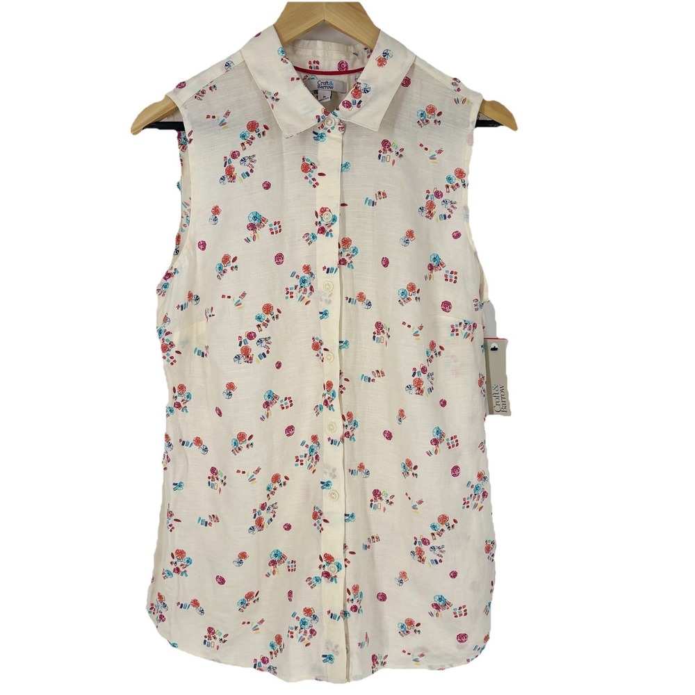 Croft & Barrow Women Beach Novelty Print Button Up Top Size M Linen Blend Resort